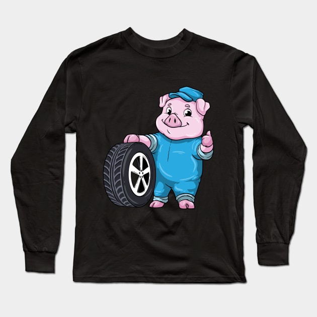 Pig as Car mechanic with Tires Long Sleeve T-Shirt by Markus Schnabel